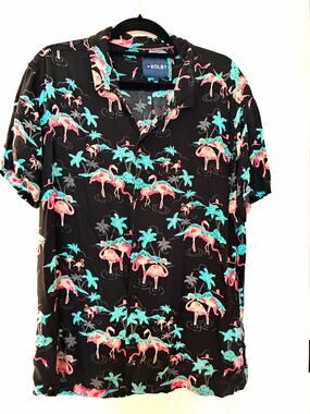 KOLBY Flamingo Palm Tree Camo Hawaiian Short Sleeve Button Up Shirt Mens L Rayon